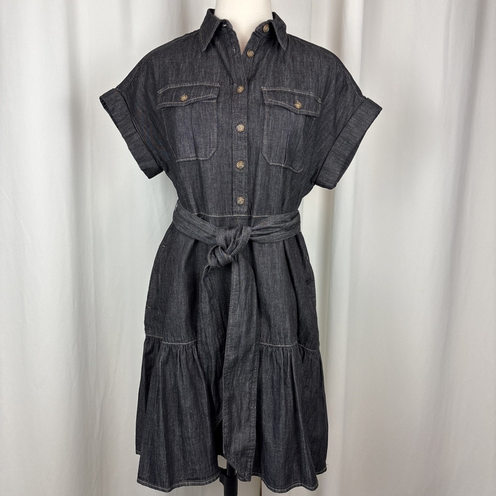Lauren Ralph Lauren Denim Tiered Belted Shirt Dress Dark Wash Pockets Size 4